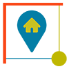 icone adresse de couleur bleu, une maison en son centre de couleur jaune placéees dans un carré de couleurs rouge bleu jaune