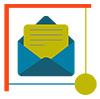 icone mail, enveloppe bleue et papier jaune dedans dans un carré rouge jaune et bleu