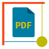 Icone feuille bleu inscrit pdf en jaune dans un carré rouge, bleu et jaune