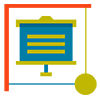 Icone tableau déroulant jaune et bleu dans un carré jaune, bleu et rouge